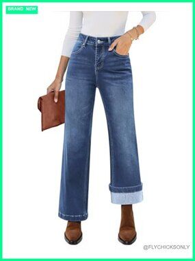 Fleece Lined High Waisted Flare Jeans Wide Leg Stretch Denim Pants